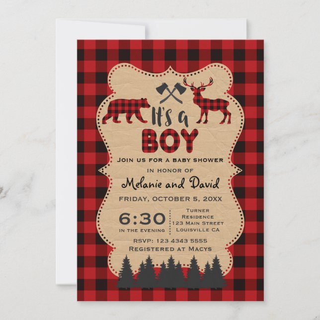 Lumberjack Red Buffalo Little Hunter Baby Shower Invitation (Front)
