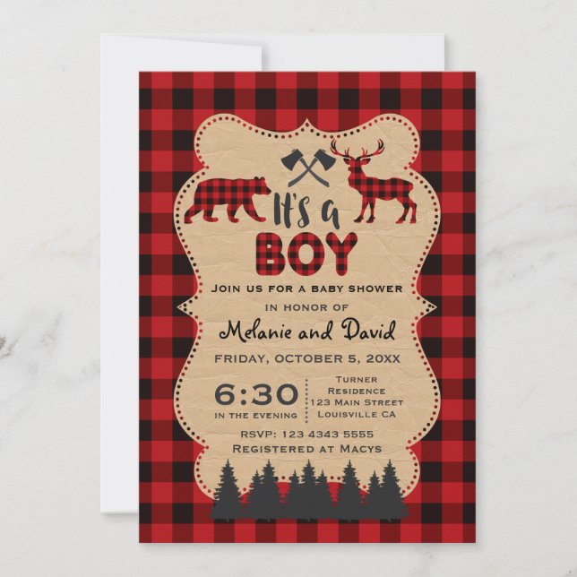 Lumberjack Red Buffalo Little Hunter Baby Shower Invitation (Front)