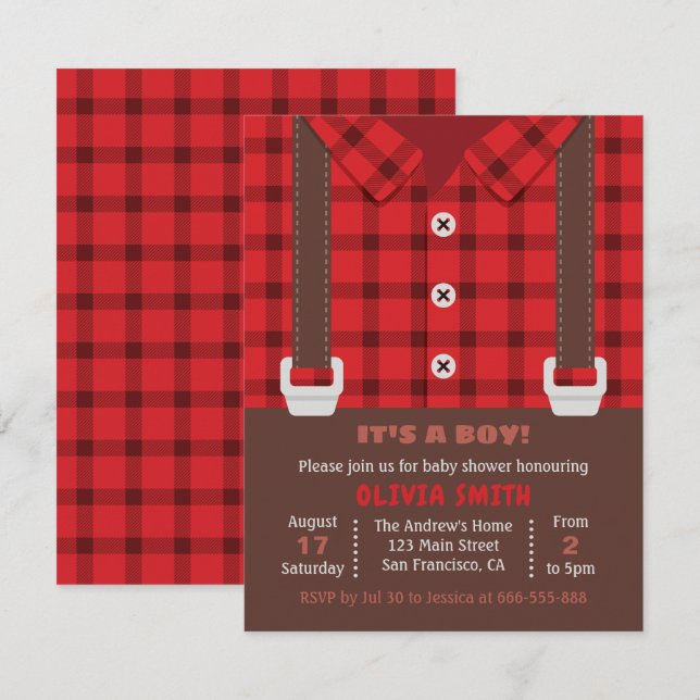 Lumberjack Red Buffalo Plaid Baby Boy Shower Invitation (Front/Back)