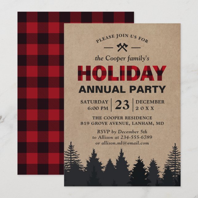 Lumberjack Red Buffalo Plaid Forest Holiday Party Invitation (Front/Back)