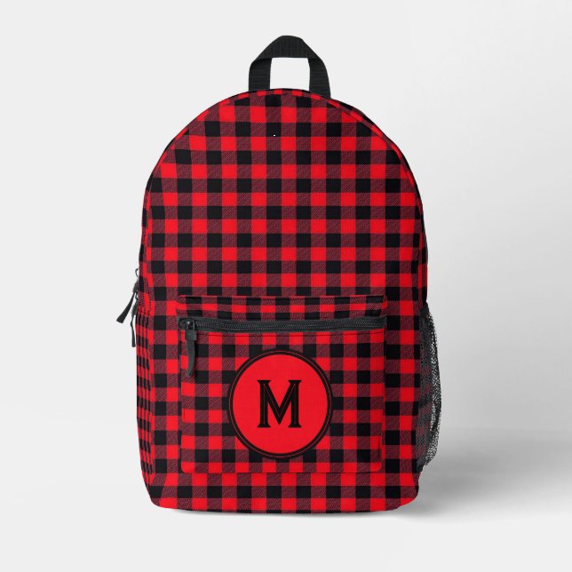 Lumberjack Red Buffalo Plaid Pattern Monogrammed Printed Backpack (Front)