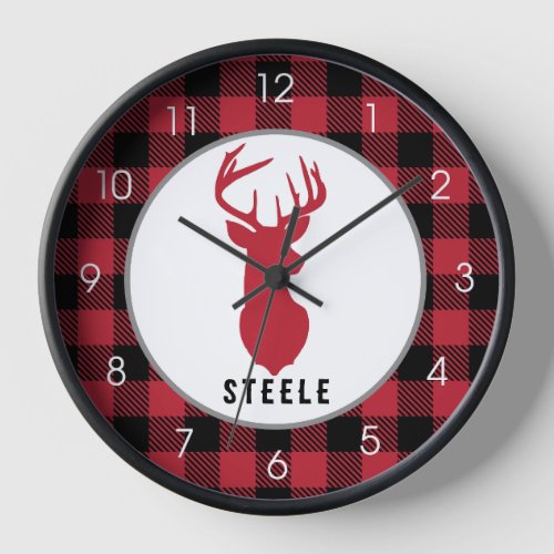 Lumberjack Red Deer Buffalo Plaid Rustic Wall   Clock