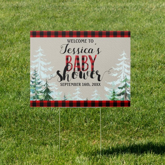 Lumberjack Red Plaid Baby Shower Welcome Sign (Insitu)