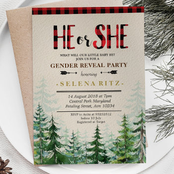 Lumberjack Red Plaid Gender Reveal Invite by HappyPartyStudio at Zazzle