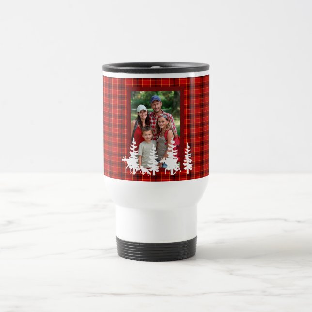 Lumberjack red plaid pattern with family photo travel mug (Center)