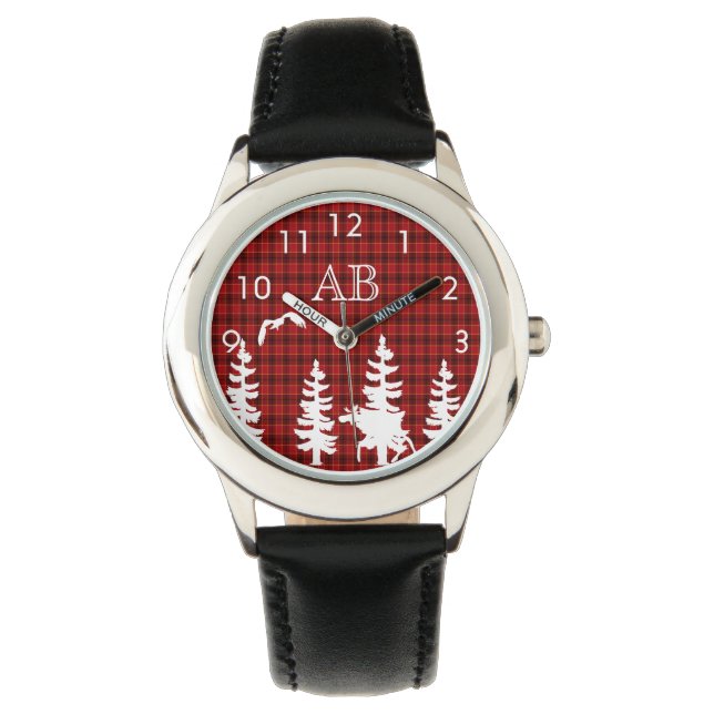Lumberjack red plaid white wildlife silhouhettes watch (Front)