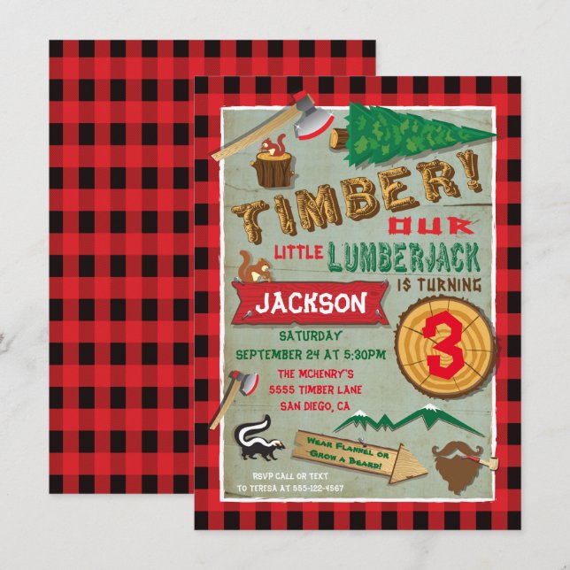 Lumberjack Rustic Woodland Birthday Invitation (Front/Back)