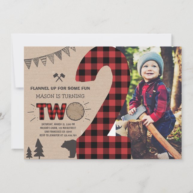 Lumberjack Second Birthday Invitation Plaid 2nd (Front)