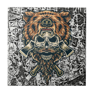 Lumberjack Skull with Bear Hat – Bold Retro Ceramic Tile