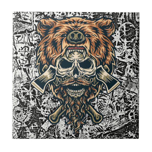 Lumberjack Skull with Bear Hat – Bold Retro Ceramic Tile (Front)