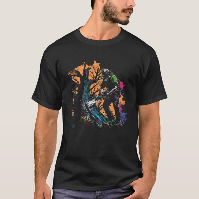 Lumberjack Splash Art Chainsaw Retro Chainsaw Tree T-Shirt (Front)