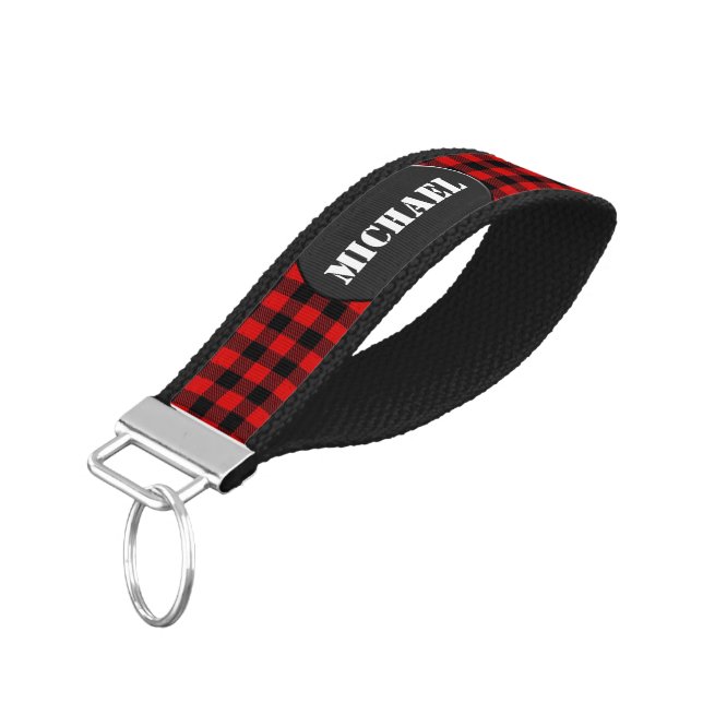 Lumberjack Style - red fabric + your name Wrist Keychain (Angled Down)