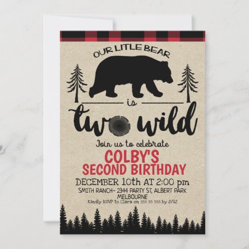 Lumberjack Two Wild Bear 2nd Birthday Invitation