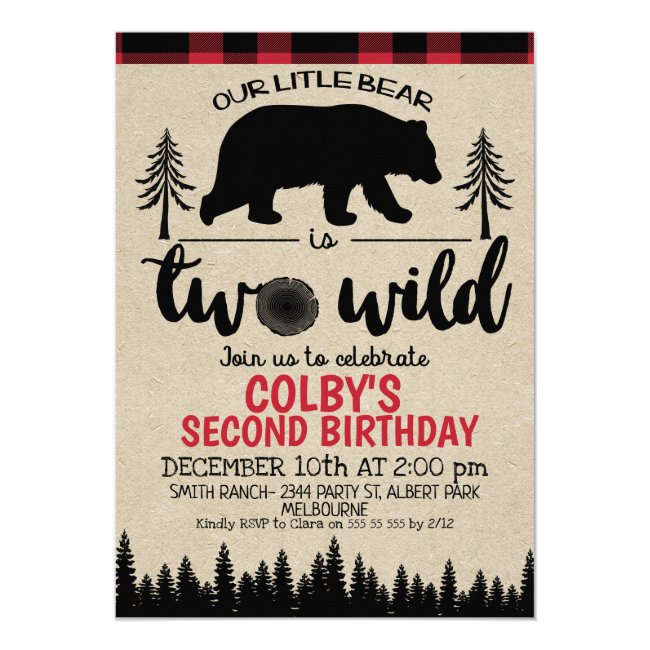 Lumberjack Two Wild Bear 2nd Birthday Invitation