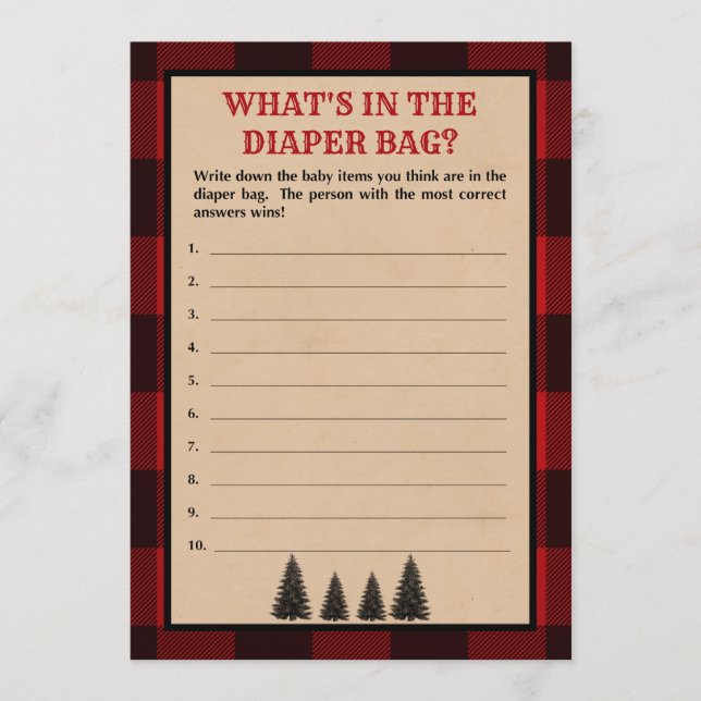 Lumberjack What's in the Diaper Bag Shower Game Program (Front)