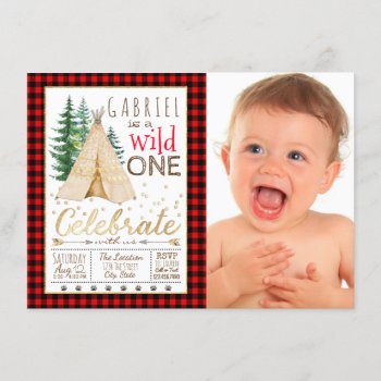 Lumberjack Wild One Tribal Teepee First Birthday Invitation by InvitationCentral at Zazzle