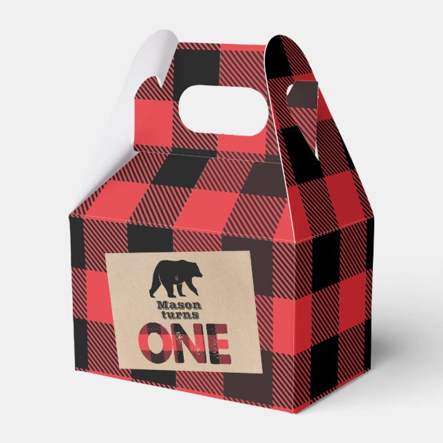Lumberjack Wilderness Boys First Birthday Favor Boxes (Front Side)