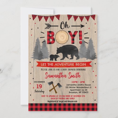 Lumberjack Woodland Bear Baby Shower Invitations