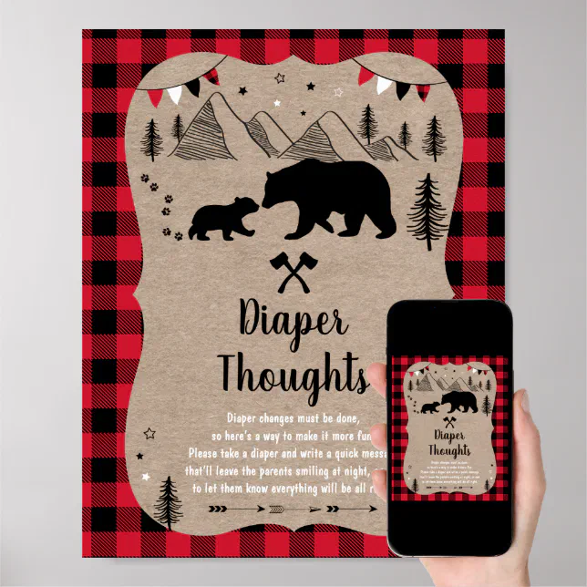 Lumberjack Woodland Bear Diaper Thoughts Poster | Zazzle