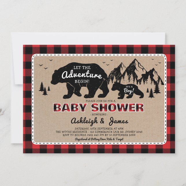Lumberjack Woodland Bear Plaid Baby Shower Invitation (Front)