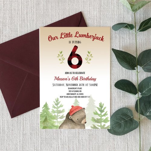 Lumberjack Woodland Forest Bear 6th Birthday Party Invitation