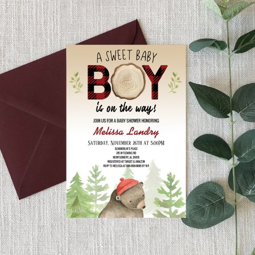 Lumberjack Woodland Forest Bear Boy Baby Shower Invitation