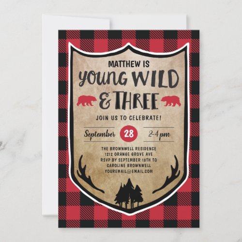 Lumberjack Young Wild and Three Birthday Party Invitation