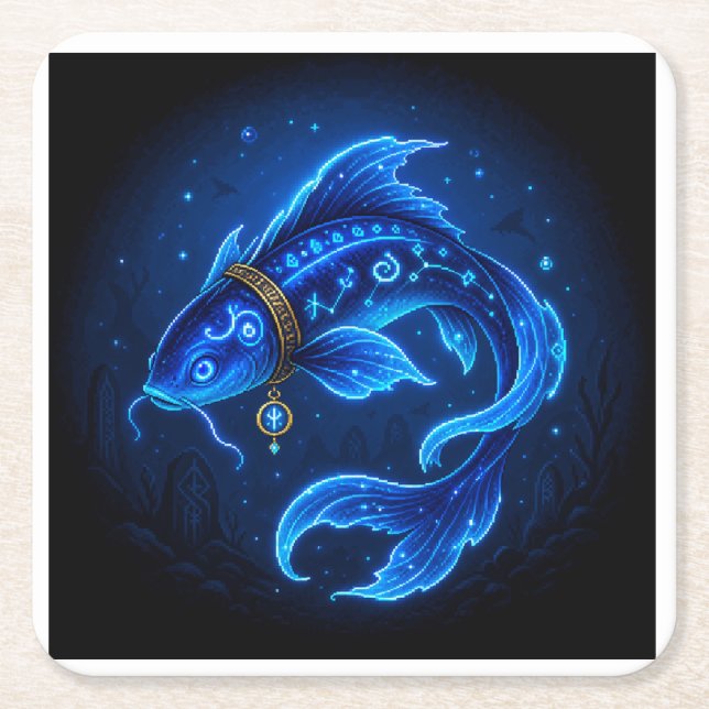 Lumenfin Neon Blue Fantasy Fish Square Paper Coaster (Front)