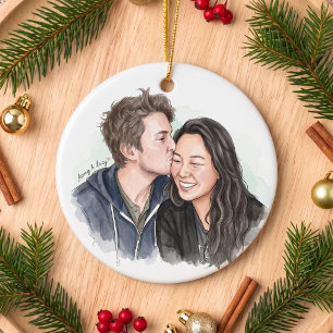 Lumilove Romantic Watercolor Couple Portrait Ceramic Ornament