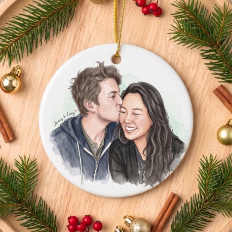 Lumilove Romantic Watercolor Couple Portrait Ceramic Ornament