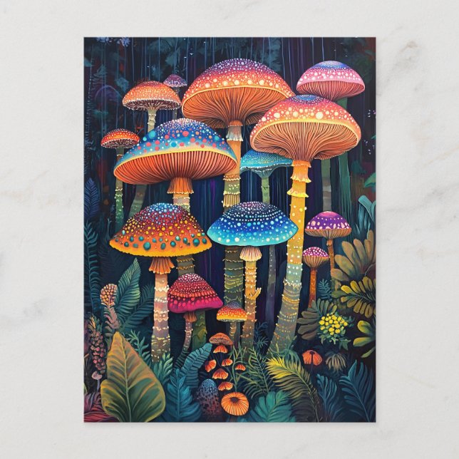 Luminescent Mushrooms Colorful Jungle Postcard (Front)
