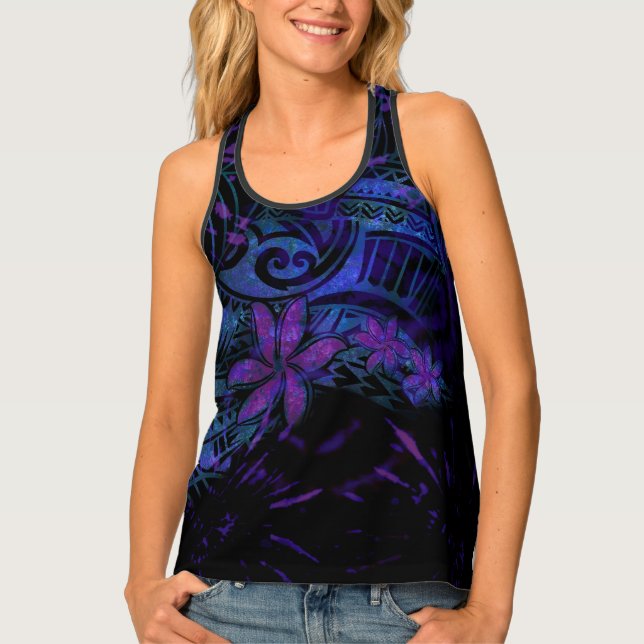 Luminescent Tribal Plumeria Purple Blue Polynesian Tank Top (Front)