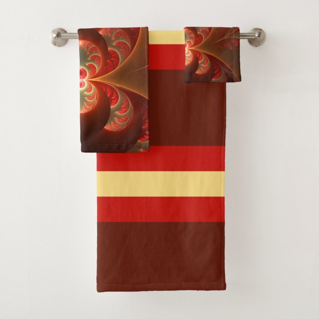 Luminous abstract modern orange red Fractal Bath Towel Set (Insitu)