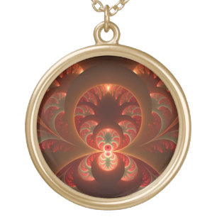 Luminous Abstract Modern Orange Red Fractal Gold Plated Necklace
