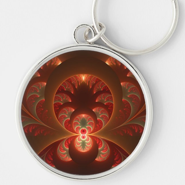 Luminous Abstract Modern Orange Red Fractal Keychain (Front)