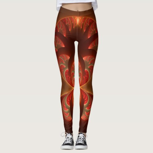 Luminous abstract modern orange red Fractal Leggings