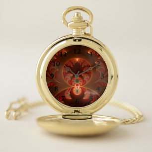 Luminous abstract modern orange red Fractal Pocket Watch