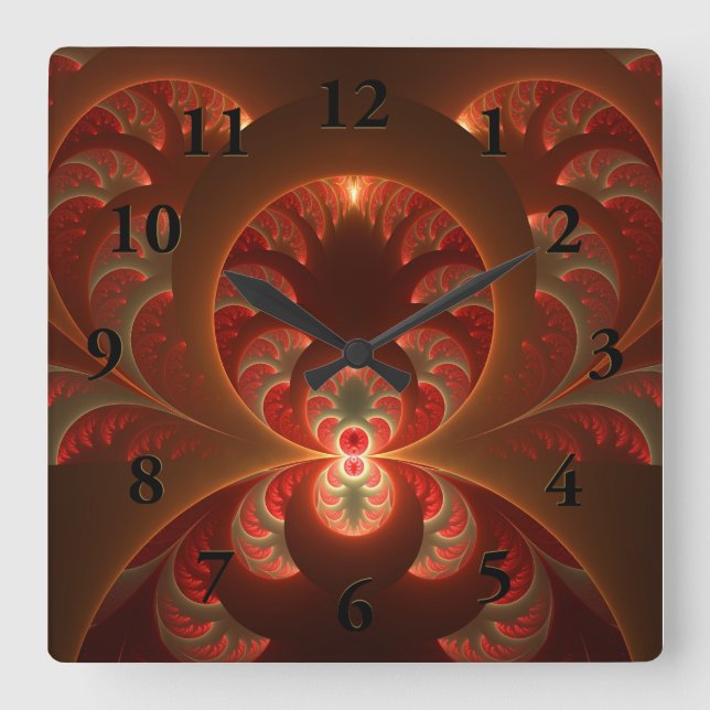 Luminous abstract modern orange red Fractal Square Wall Clock (Front)