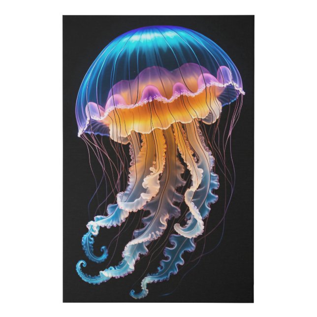 Luminous Blue and Orange Jellyfish Faux Canvas Print (Front)