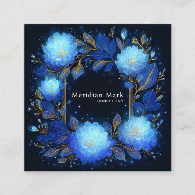 Luminous Blue Floral Gold Celestial Flower Frame Square Business Card (Front)