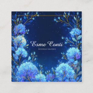 Luminous Blue Floral Gold Celestial Frame Midnight Square Business Card