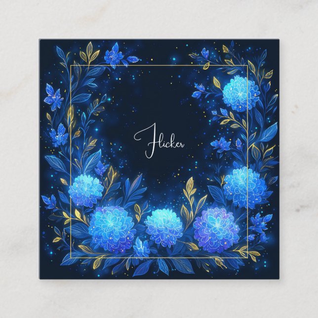 Luminous Blue Floral Gold Celestial Frame Midnight Square Business Card (Front)