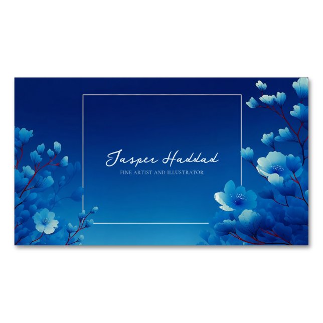 Luminous Blue Floral Monochromatic Business Card Magnet (Front)