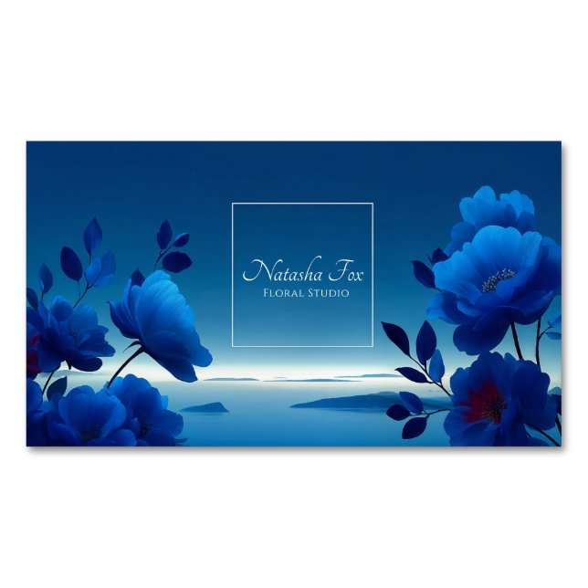 Luminous Blue Floral Seascape Monochromatic Business Card Magnet (Front)