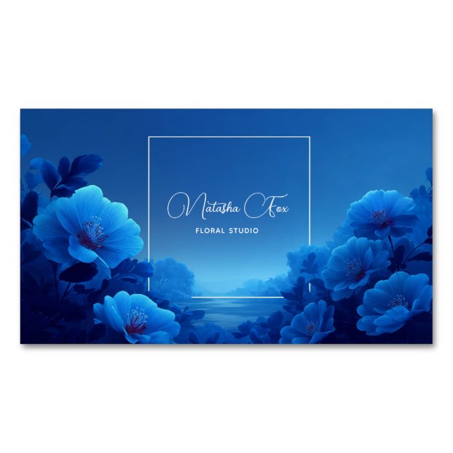 Luminous Blue Floral Serene Landscape Business Card Magnet (Front)