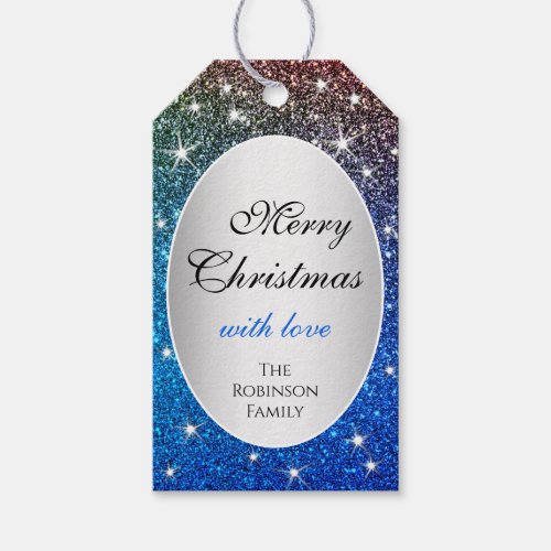 Luminous Blue Gradient Glitter Sparkle Stars X_Mas Gift Tags