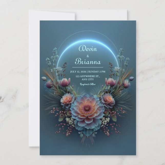 Luminous Blue Halo Midnight Teal Bloom Wedding Invitation (Front)