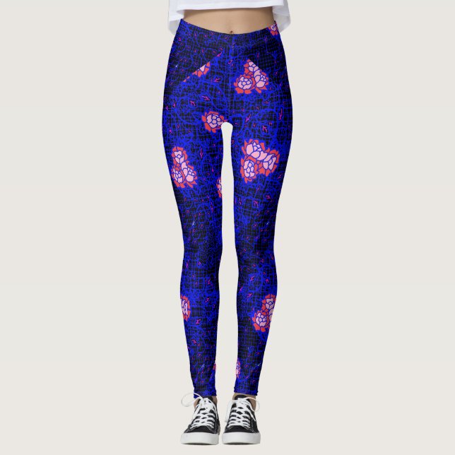 Luminous Blue net w flowers 01 Black BG Leggings (Front)