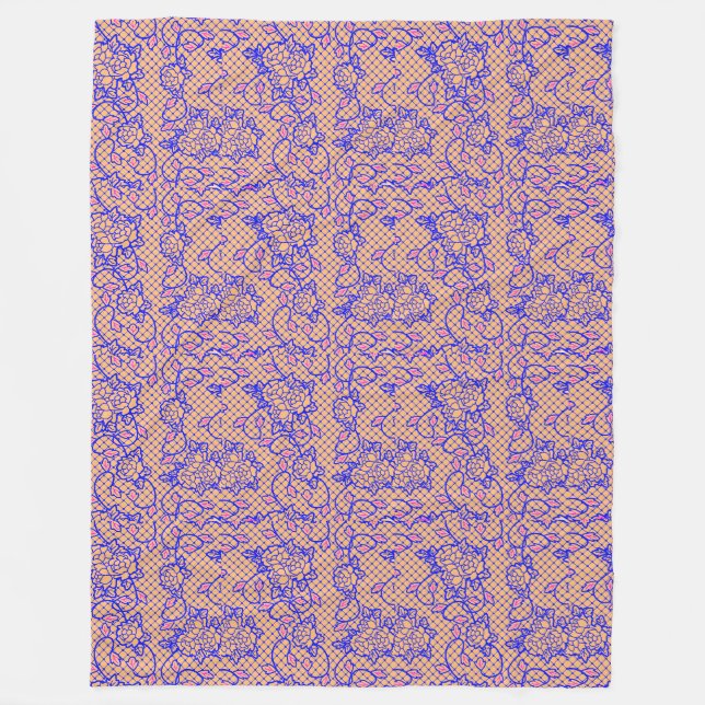 Luminous Blue net w flowers 02b LOrange BG Fleece Blanket (Front)