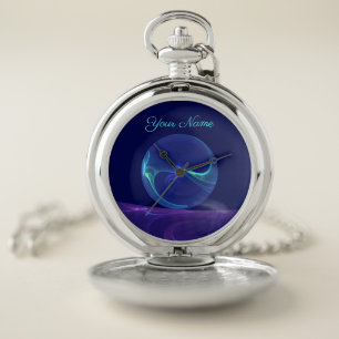 Luminous Blue Purple Dream Abstract Fractal Name Pocket Watch